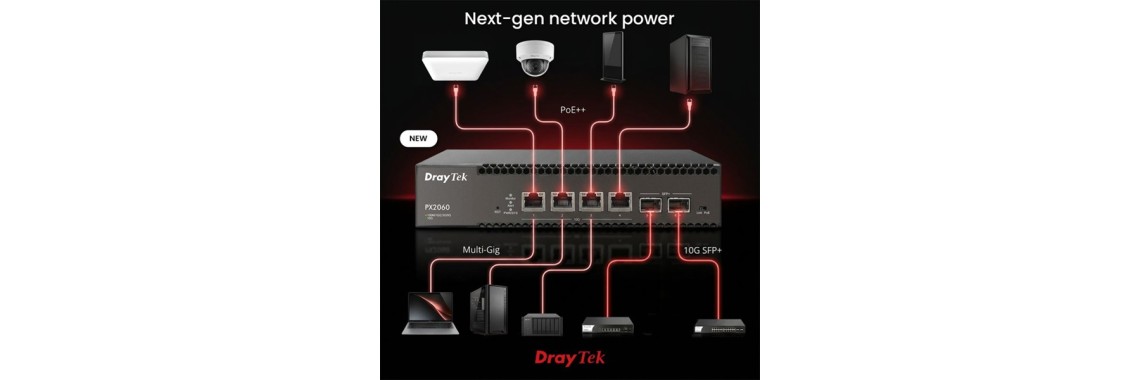Novo modelo 10G DrayTek VigorSwitch PX2060 de 6 Portas, com Gestão L2+, 10GbE / 10G (SFP+) / PoE++ Novo modelo 10G DrayTek VigorSwitch PX2060 de 6 Portas, com Gestão L2+, 10GbE / 10G (SFP+) / PoE++