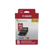 Canon CLI-526 BK/C/M/Y PHOTO VALUE - 4x6 Photo Paper (PP-201 50sheets) + Cyan, Magenta, Yellow, & Photo Black ink tanks